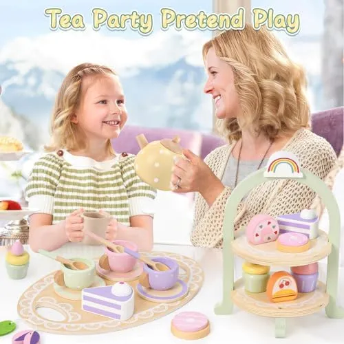 Wooden Tea Party Set for Little Girls Toddler Tea Set with Cupcake Stand & Food Dessert, Play Kitchen Accessories for Toddlers 2 3 4 5 6 Years Old, Wooden Toys Birthday Kids Girls Gifts 3-6