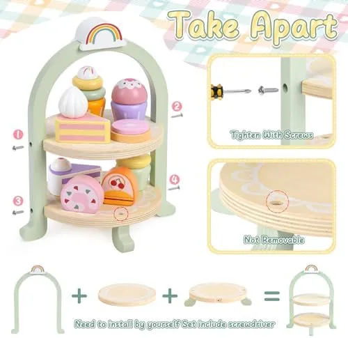 Wooden Tea Party Set for Little Girls Toddler Tea Set with Cupcake Stand & Food Dessert, Play Kitchen Accessories for Toddlers 2 3 4 5 6 Years Old, Wooden Toys Birthday Kids Girls Gifts 3-6