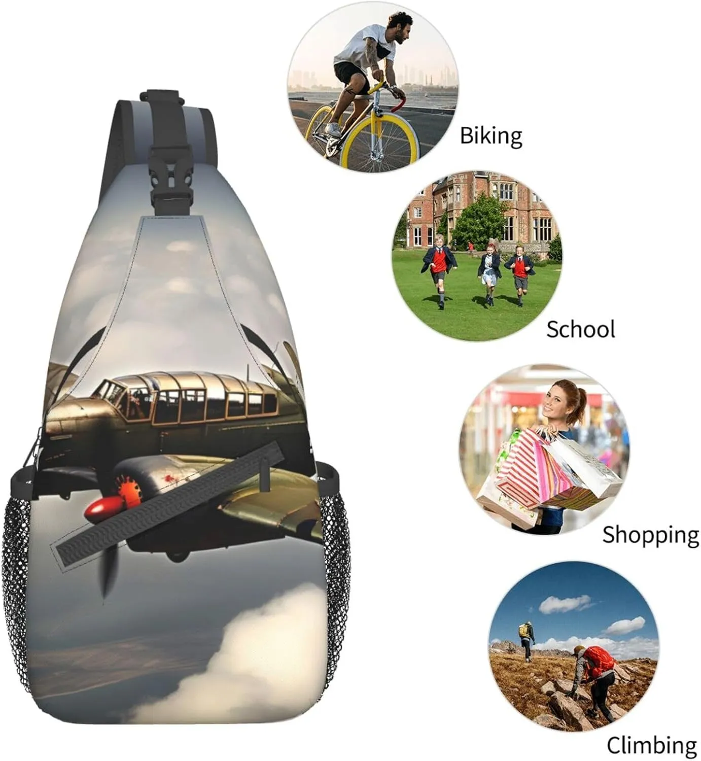 World War 2 Aircraft Airplane High Storage Capacity Chest Bag Diagonally Sling Backpack Crossbody Shoulder Bag For Men Women
