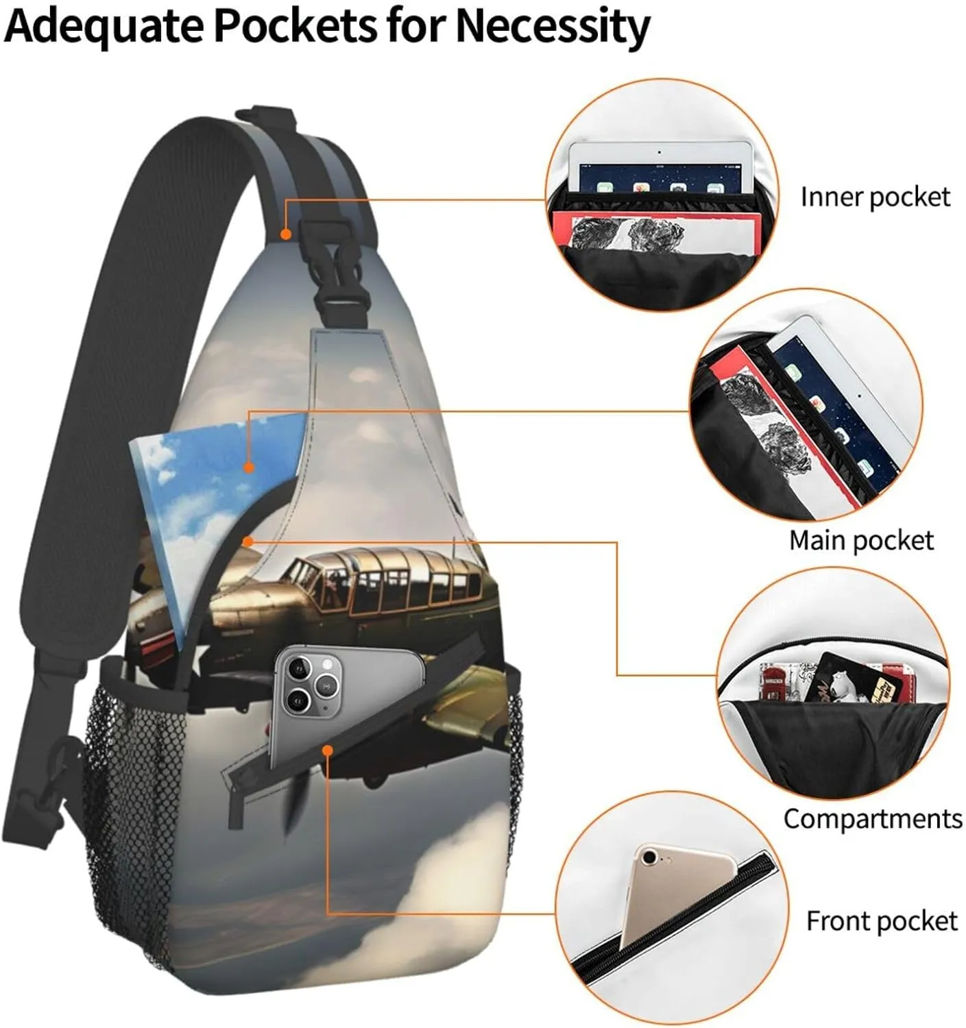 World War 2 Aircraft Airplane High Storage Capacity Chest Bag Diagonally Sling Backpack Crossbody Shoulder Bag For Men Women
