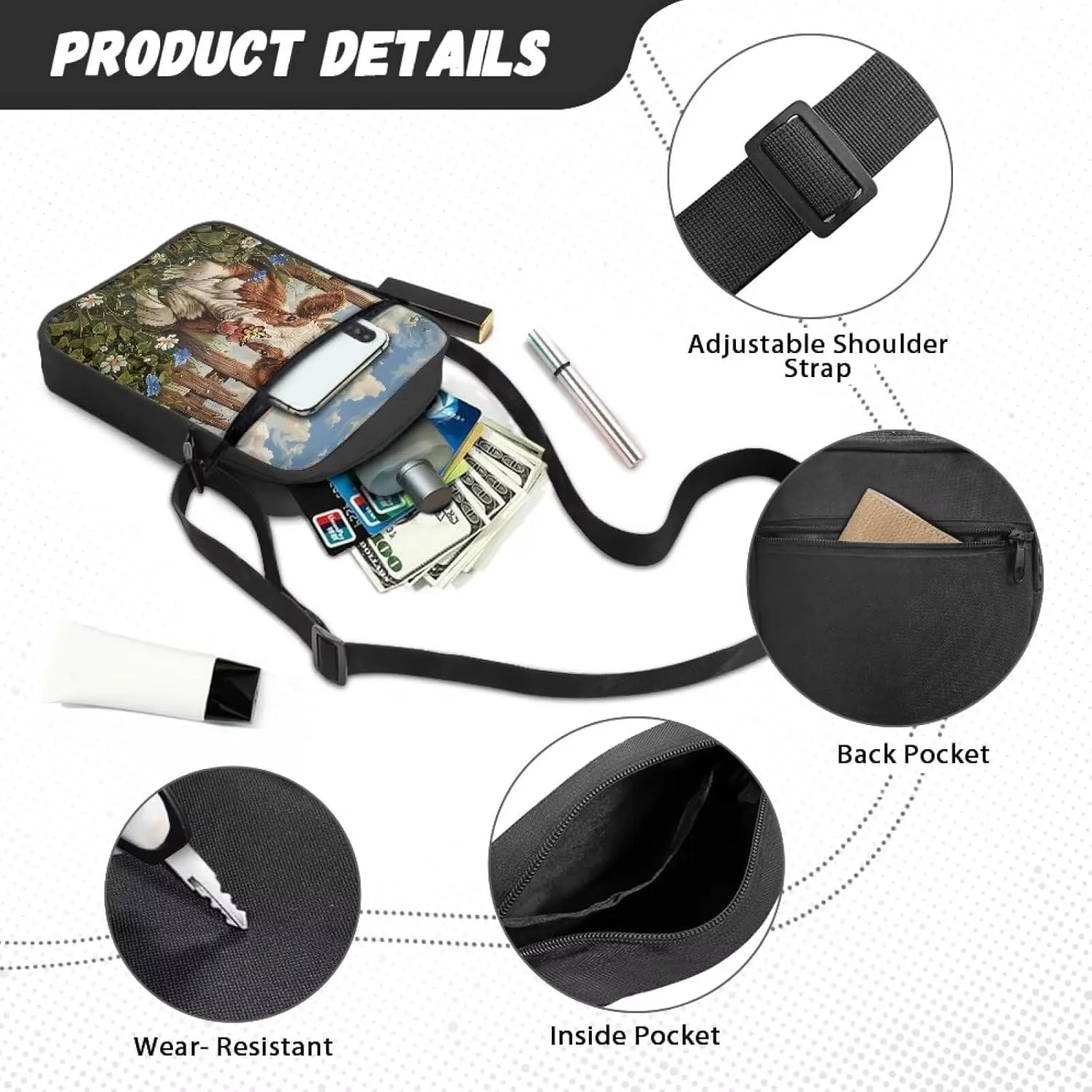 Xoenoiee Small Crossbody Bag Multi-pocket, Unisex Mini Messenger Bag Multi-functional Shoulder Bag for Outing Daily