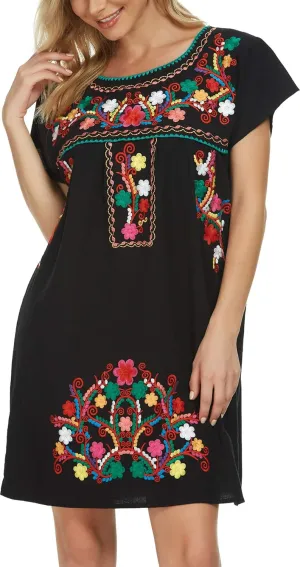 YZXDORWJ Women Mexican Embroidered Dress Short Sleeve