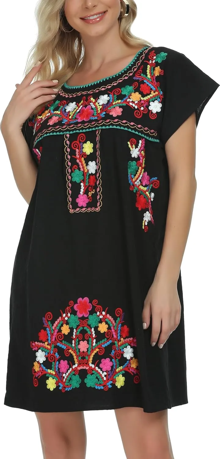 YZXDORWJ Women Mexican Embroidered Dress Short Sleeve