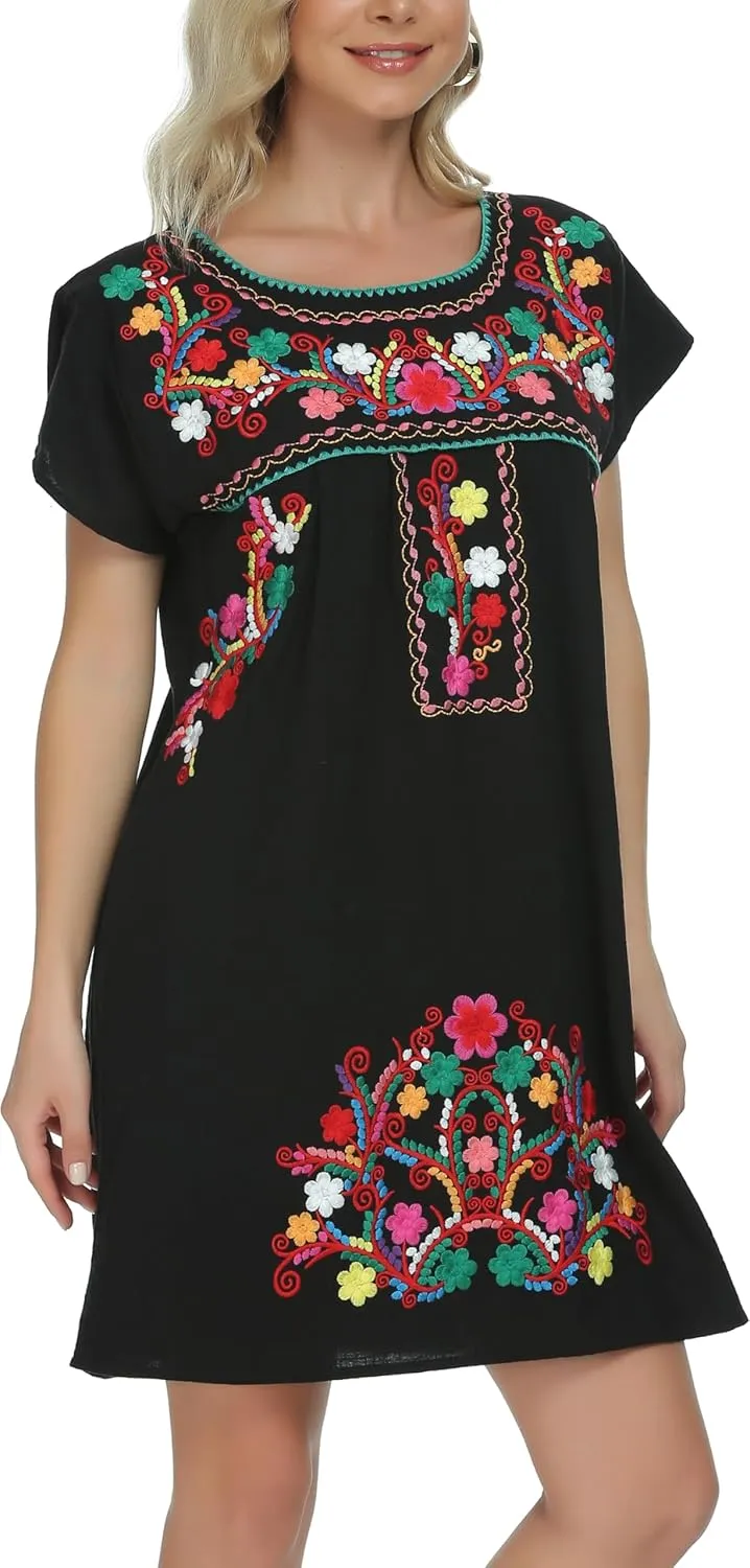 YZXDORWJ Women Mexican Embroidered Dress Short Sleeve