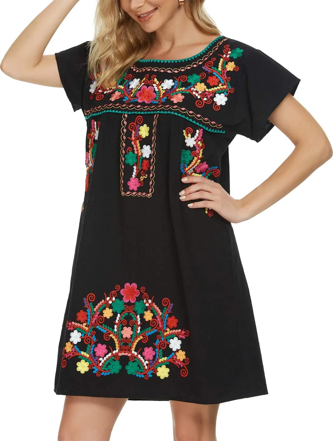 YZXDORWJ Women Mexican Embroidered Dress Short Sleeve