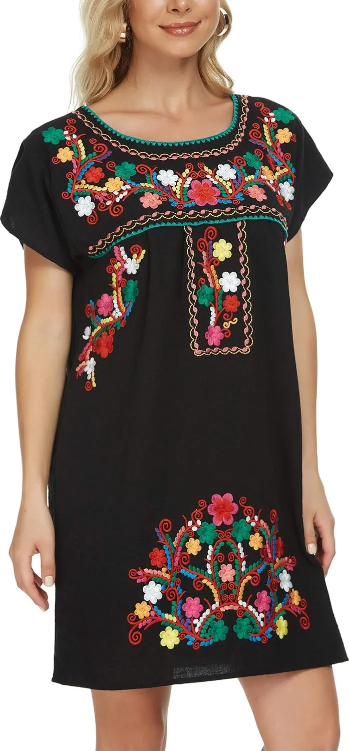 YZXDORWJ Women Mexican Embroidered Dress Short Sleeve