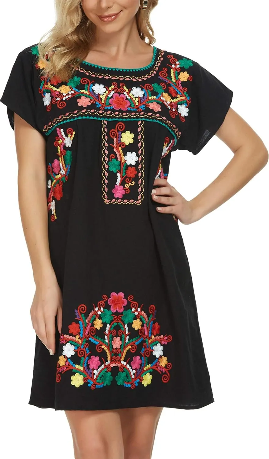 YZXDORWJ Women Mexican Embroidered Dress Short Sleeve