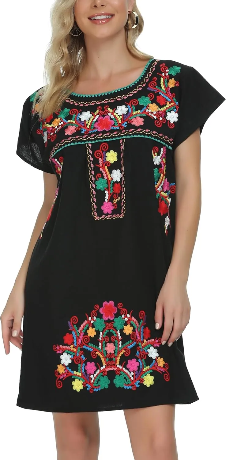 YZXDORWJ Women Mexican Embroidered Dress Short Sleeve