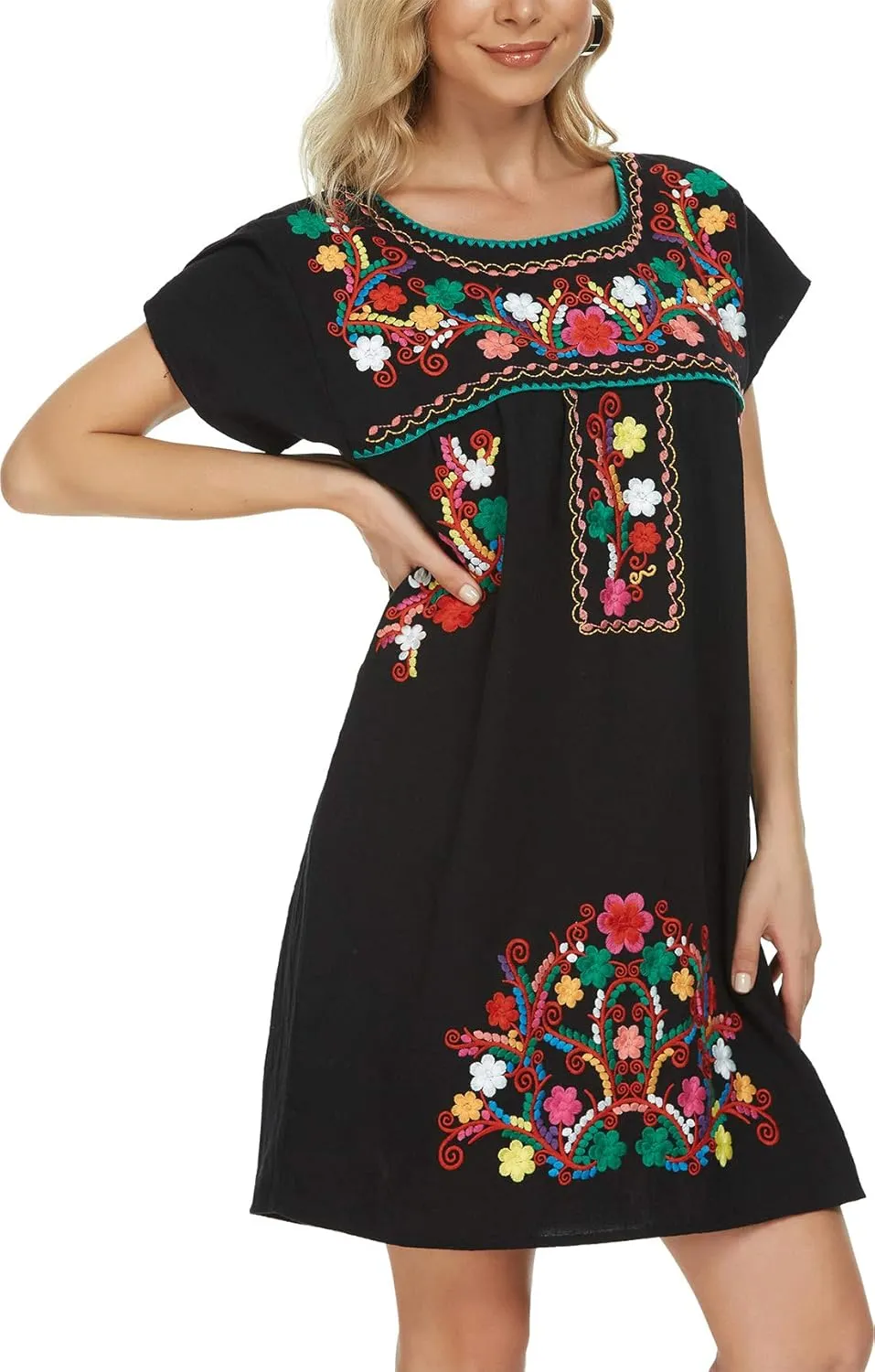 YZXDORWJ Women Mexican Embroidered Dress Short Sleeve