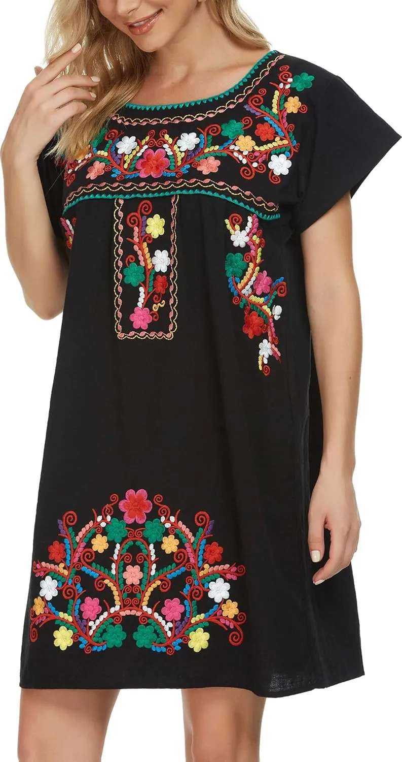 YZXDORWJ Women Mexican Embroidered Dress Short Sleeve