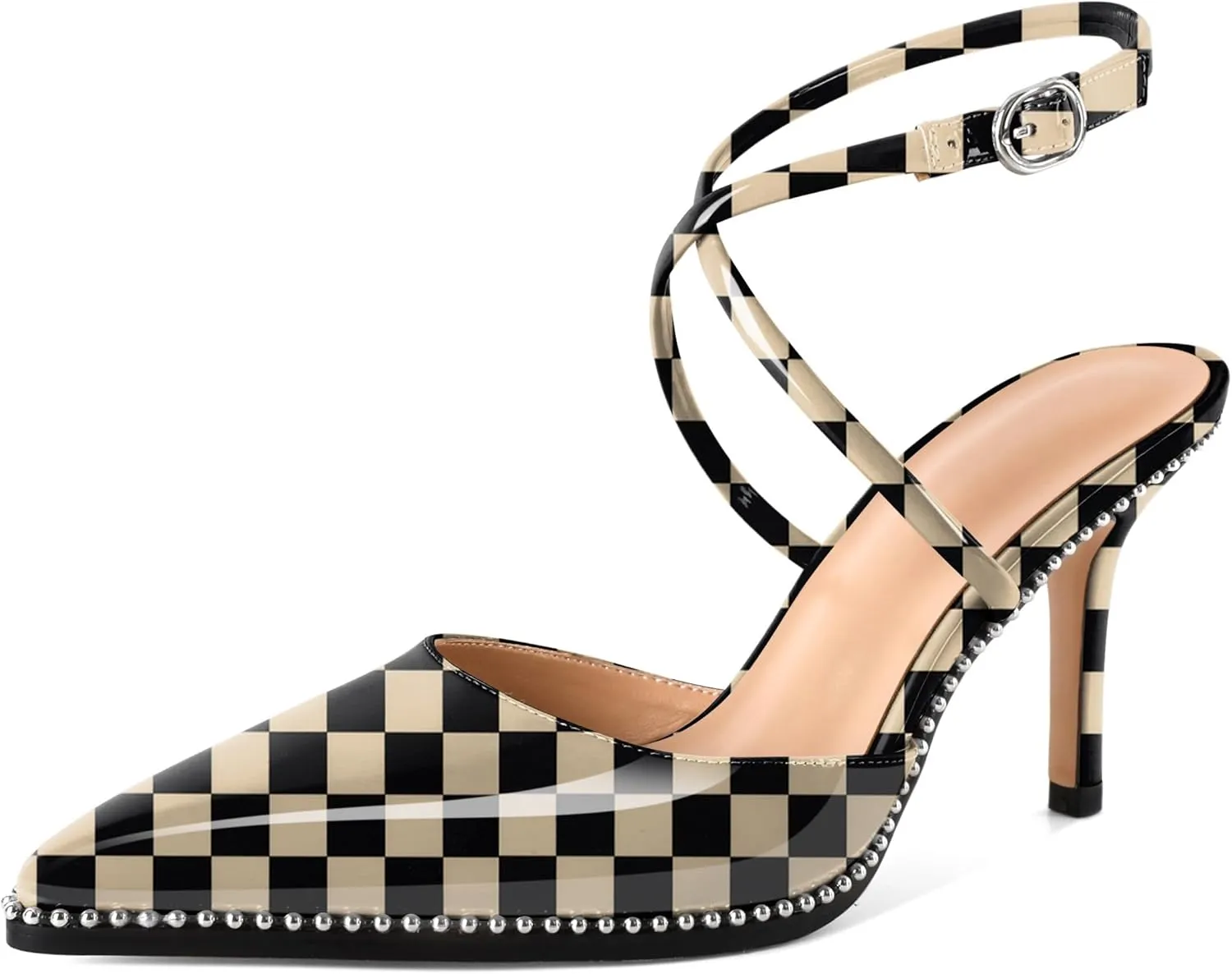 Zamikoo Sling Back High Heels Women Beaded Pointed Toe Crisscross Ankle Strap Stilettos Women Pumps